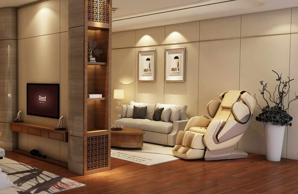 Interior luxos de locuință cu un fotoliu de masaj Komoder plasat în sufragerie